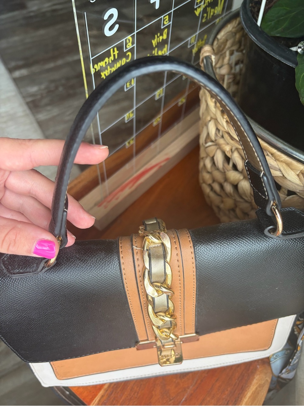 Black and Tan Top-Handle Crossbody Bag with Gold Chain Accent, and Scarf accent. - Picture 7 of 8